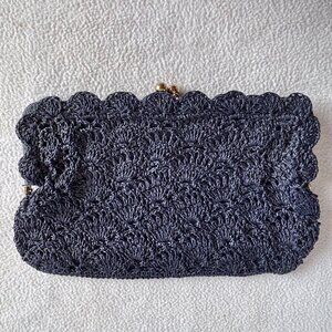 1970s 1980s Blue Raffia Woven Clutch Purse